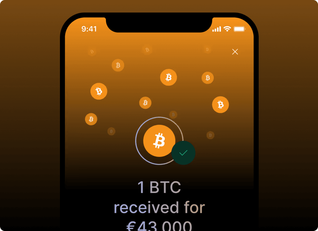 Écran de confirmation Finary : un bitcoin acheté pour 43 000 euros