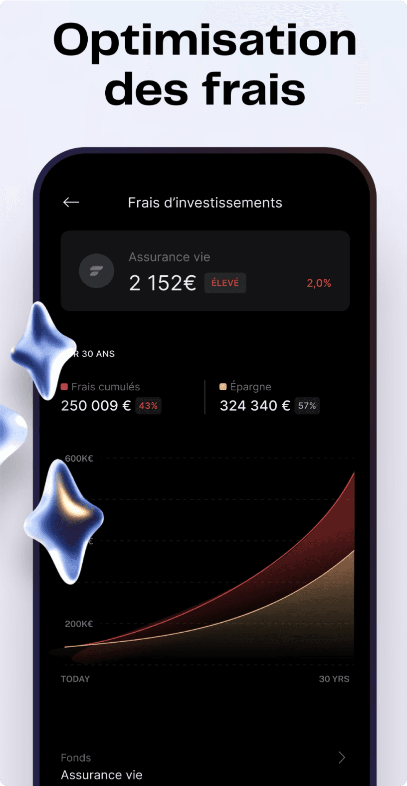 Écran Finary « Optimisation des frais » : les frais cumulés d'une assurance vie sur trente ans, comparés à l'épargne