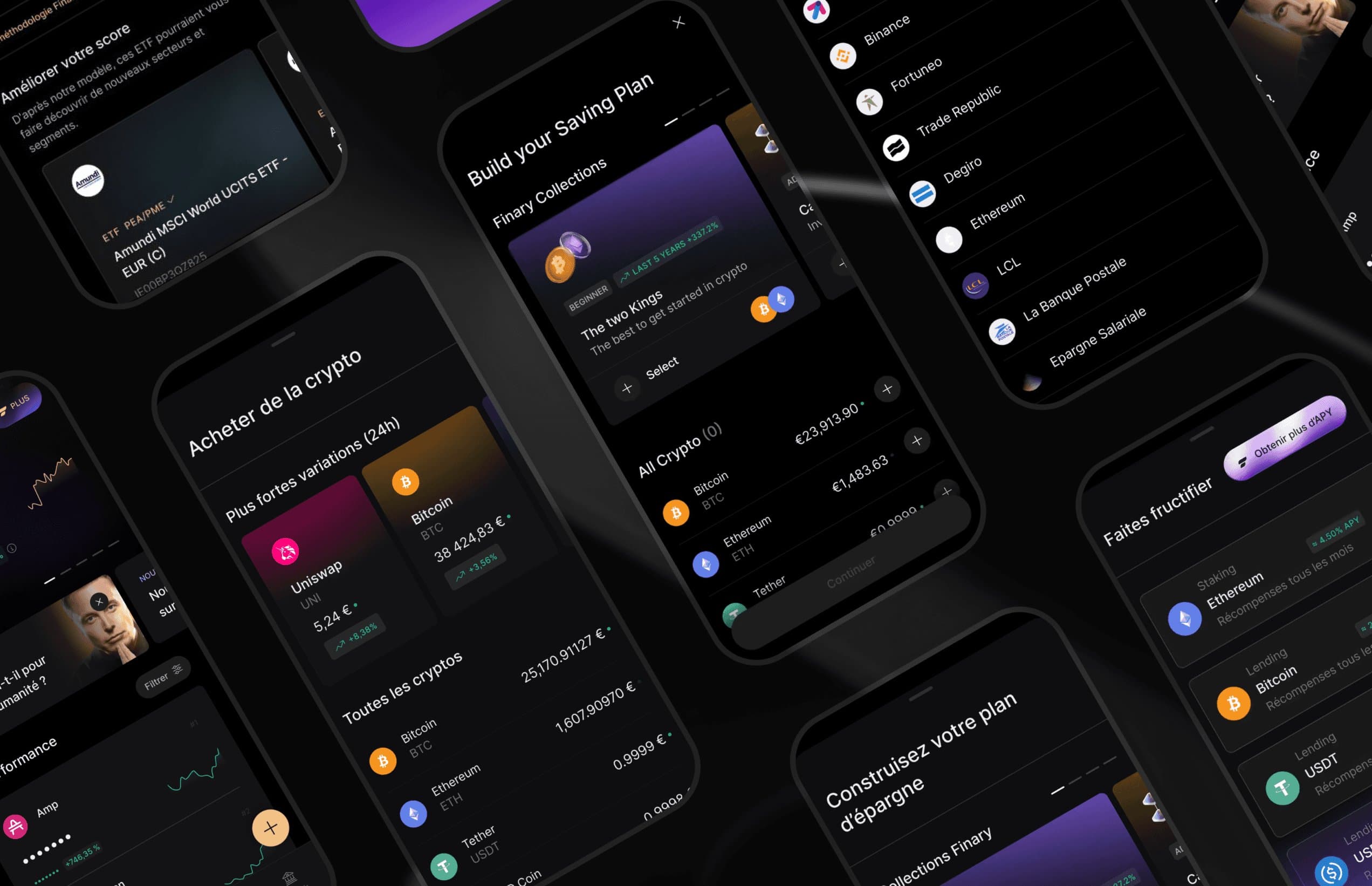 Plusieurs écrans de l'application Finary en perspective : achat de crypto, plan d'épargne, comptes bancaires et plateformes connectés
