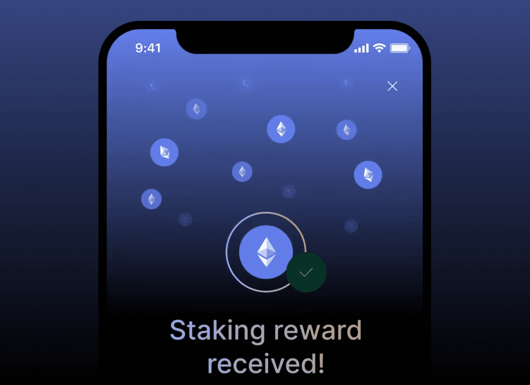 Écran de confirmation Finary : une récompense de staking Ethereum vient d'être reçue