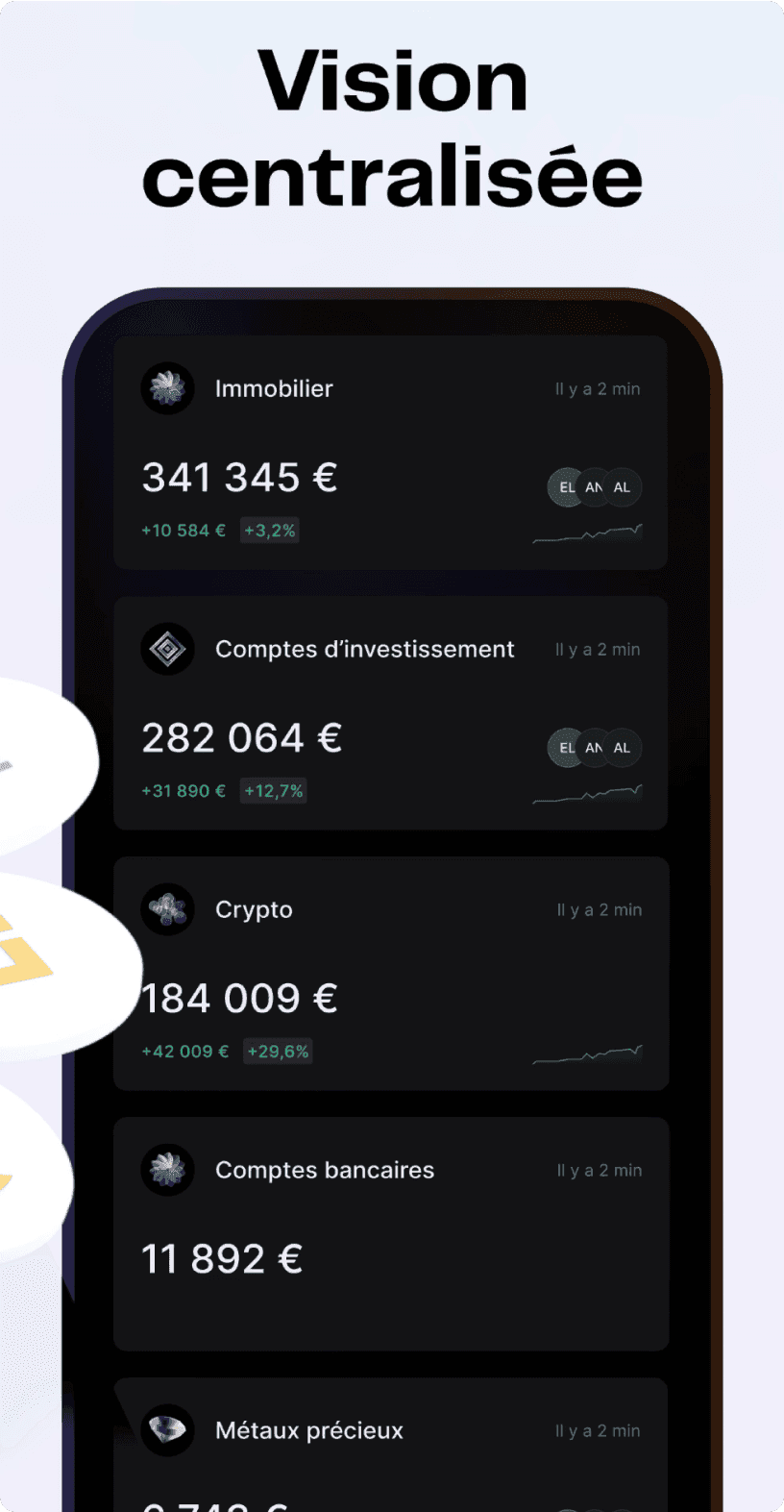 Écran Finary « Vision centralisée » : immobilier, comptes d'investissement, crypto et comptes bancaires, chacun avec sa valeur et sa variation