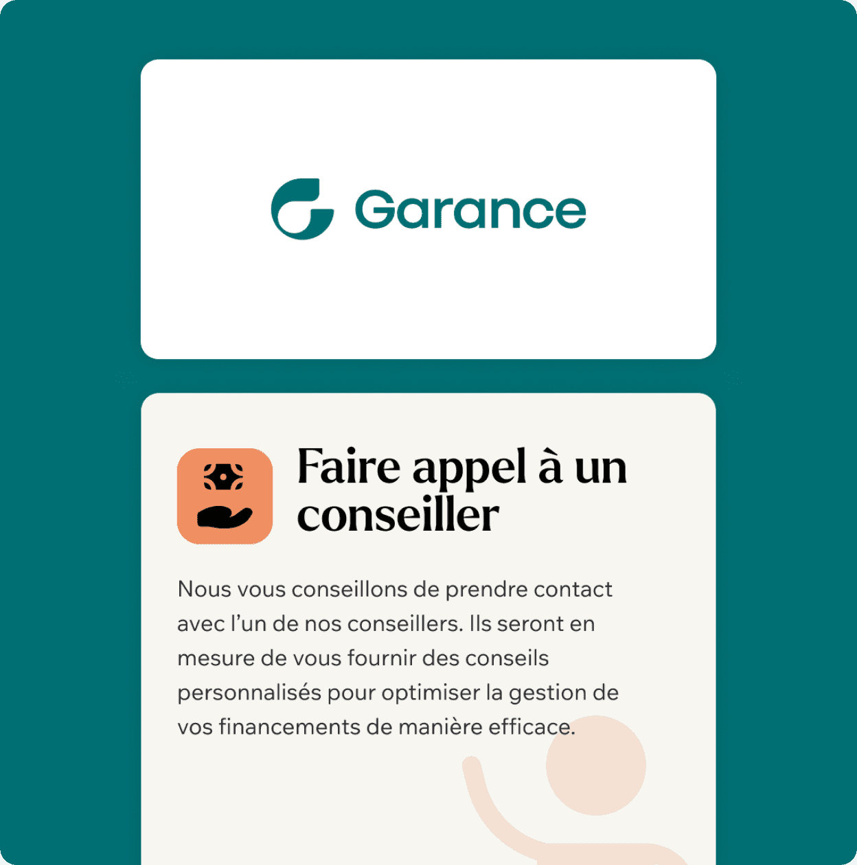 Deux cartes de la brochure Garance sur fond vert canard : le logo Garance sur fond blanc, et la carte « Faire appel à un conseiller » qui invite à prendre contact