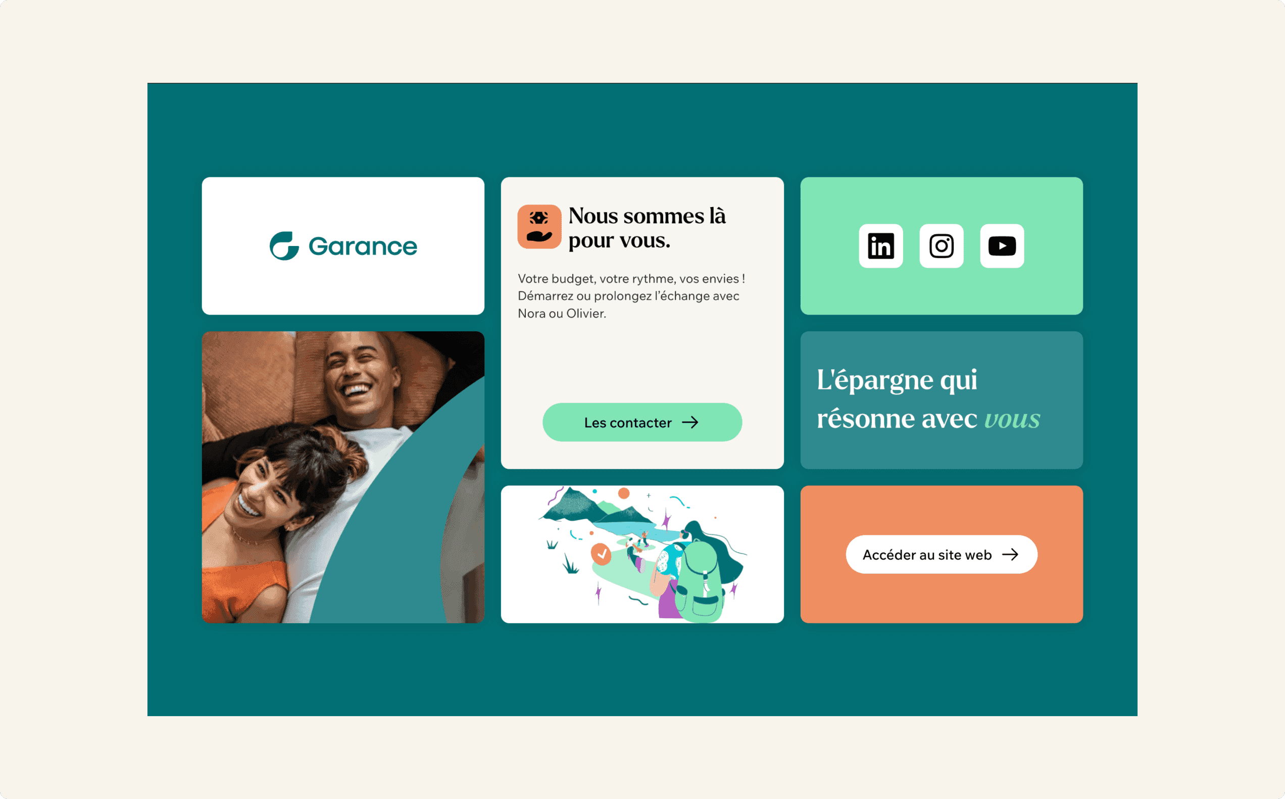 Pied de page de la brochure Garance en mosaïque sur fond vert canard : le logo, la photo d'un couple allongé, la carte « Nous sommes là pour vous » et son bouton « Les contacter », les icônes LinkedIn, Instagram et YouTube, et le bouton « Accéder au site web »