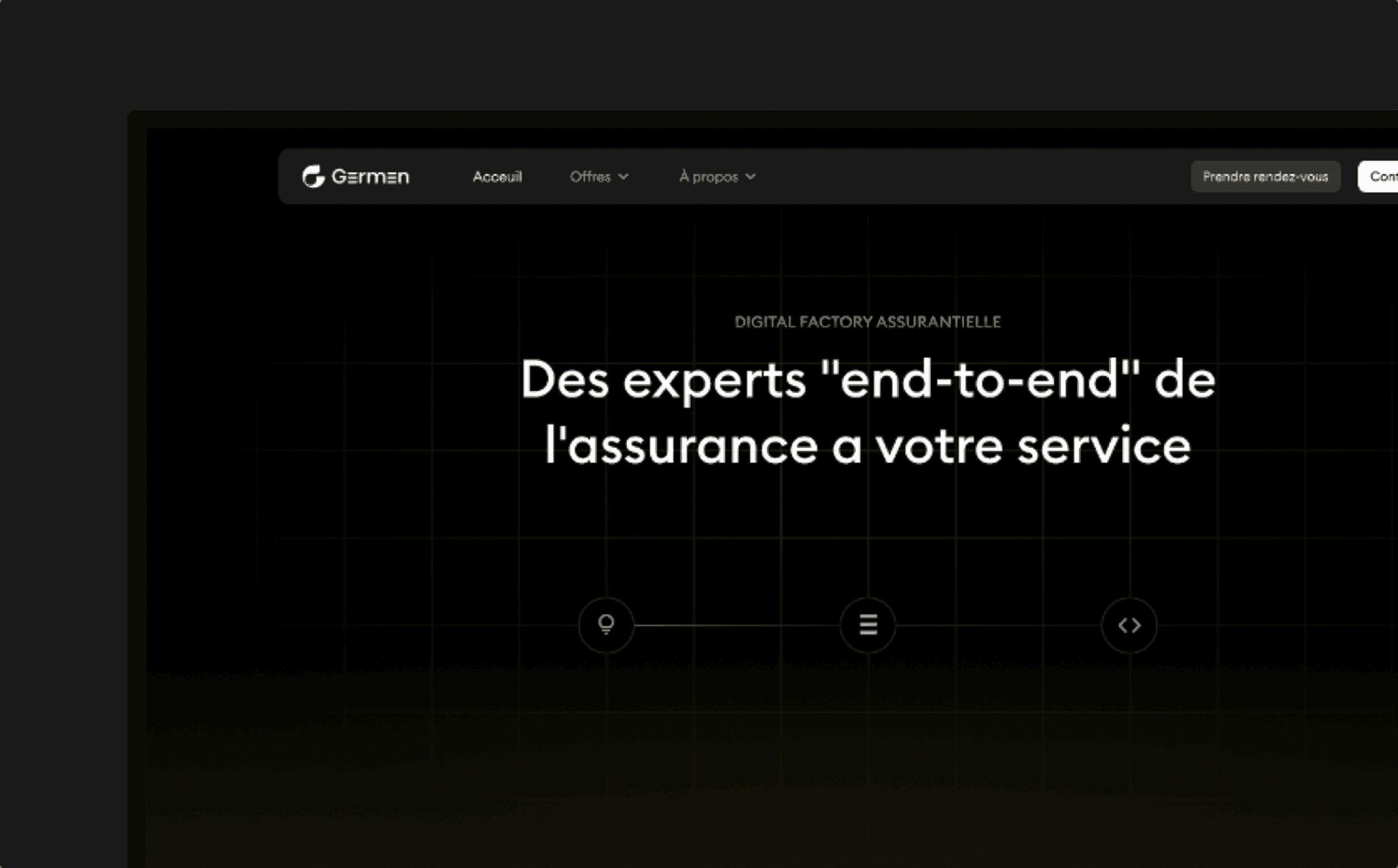 Page « Digital factory assurantielle » du site Germen, avec son titre sur les experts end-to-end de l'assurance et trois pictogrammes reliés par un filet
