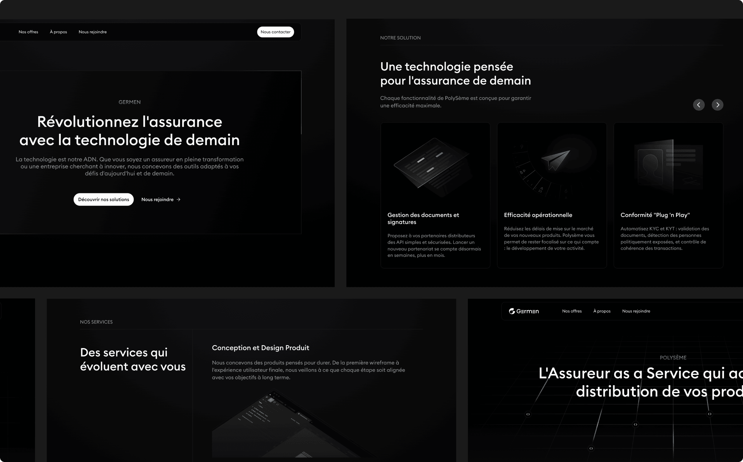 Planche de quatre sections du site Germen : la page d'accueil, le bloc « Une technologie pensée pour l'assurance de demain » et ses trois cartes, la page Services et une page d'offre