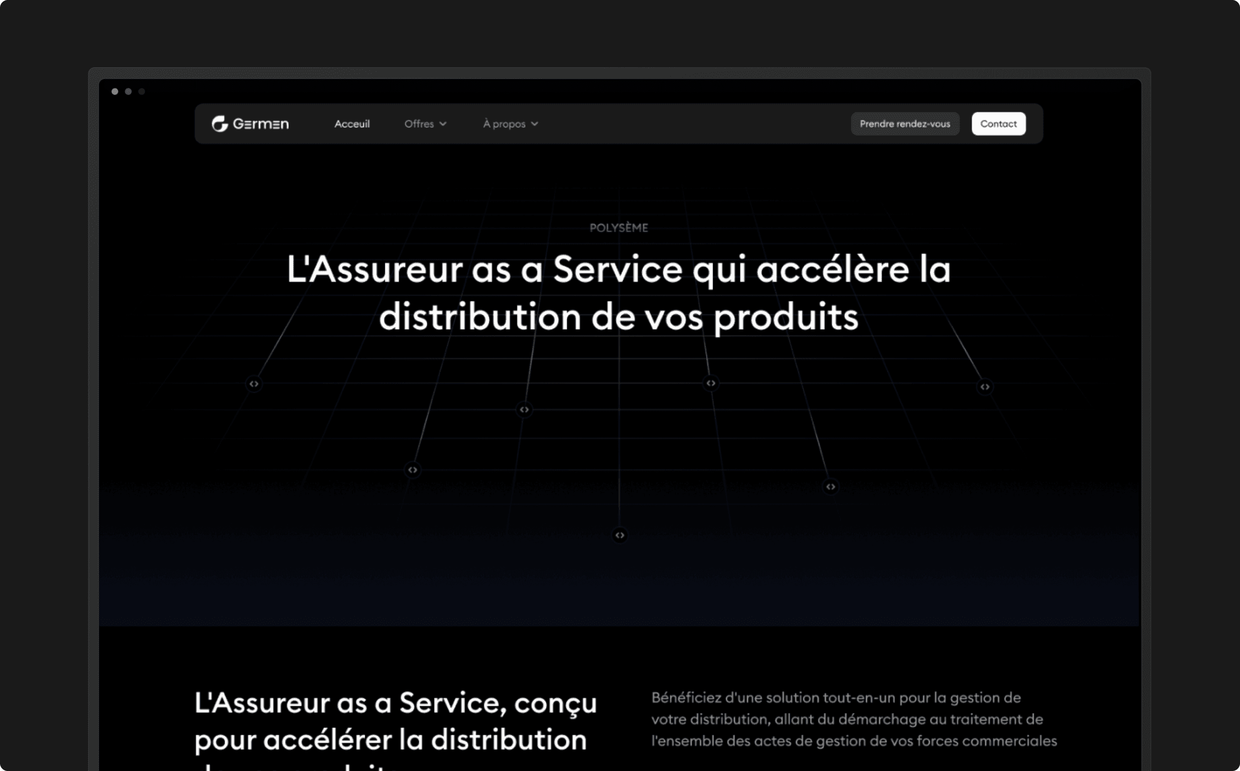 Page d'offre PolySème du site Germen dans une fenêtre de navigateur, titrée « L'Assureur as a Service qui accélère la distribution de vos produits », sur un fond de grille en perspective