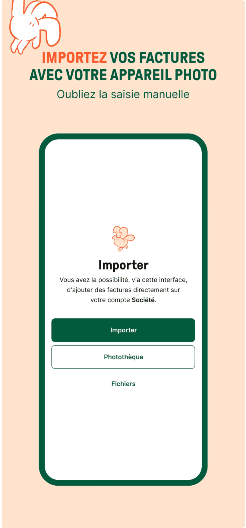 Planche de présentation Libeo sur fond pêche : « Importez vos factures avec votre appareil photo », au-dessus d'un téléphone proposant l'import depuis l'appareil photo, la photothèque ou les fichiers