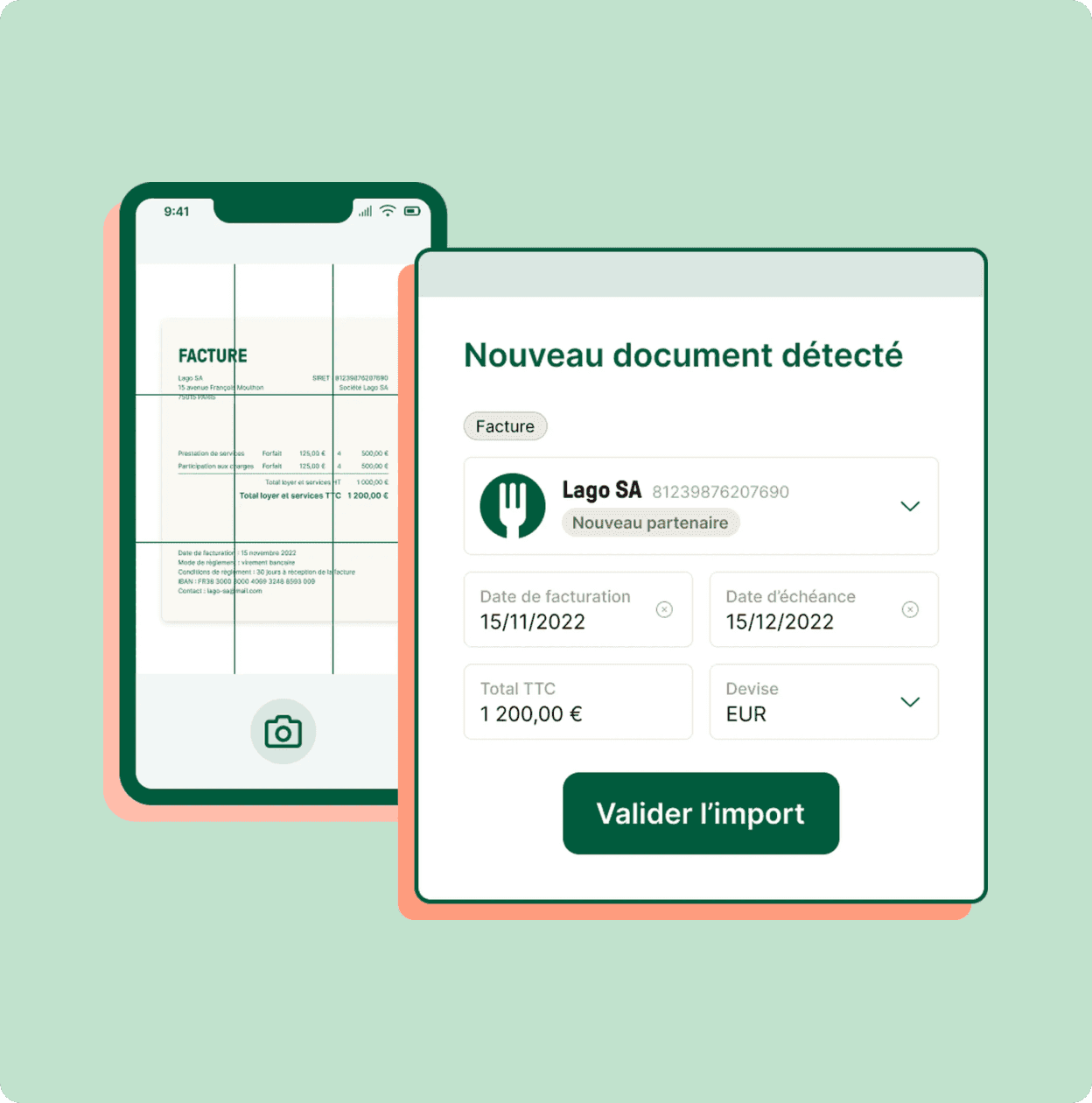 Écrans Libeo : la capture d'une facture à l'appareil photo, et le panneau « Nouveau document détecté » qui pré-remplit le fournisseur, les dates et le montant avant validation