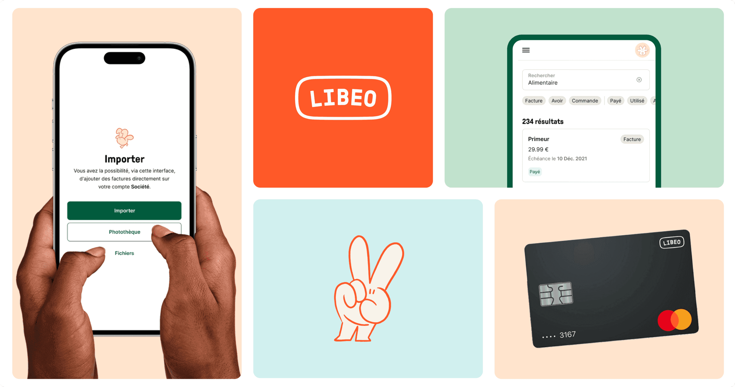 Planche de cinq visuels Libeo : un téléphone tenu à deux mains sur l'écran d'import de facture, le logo LIBEO sur fond orange, la recherche de factures de l'application, la mascotte de la marque, et la carte bancaire noire Libeo