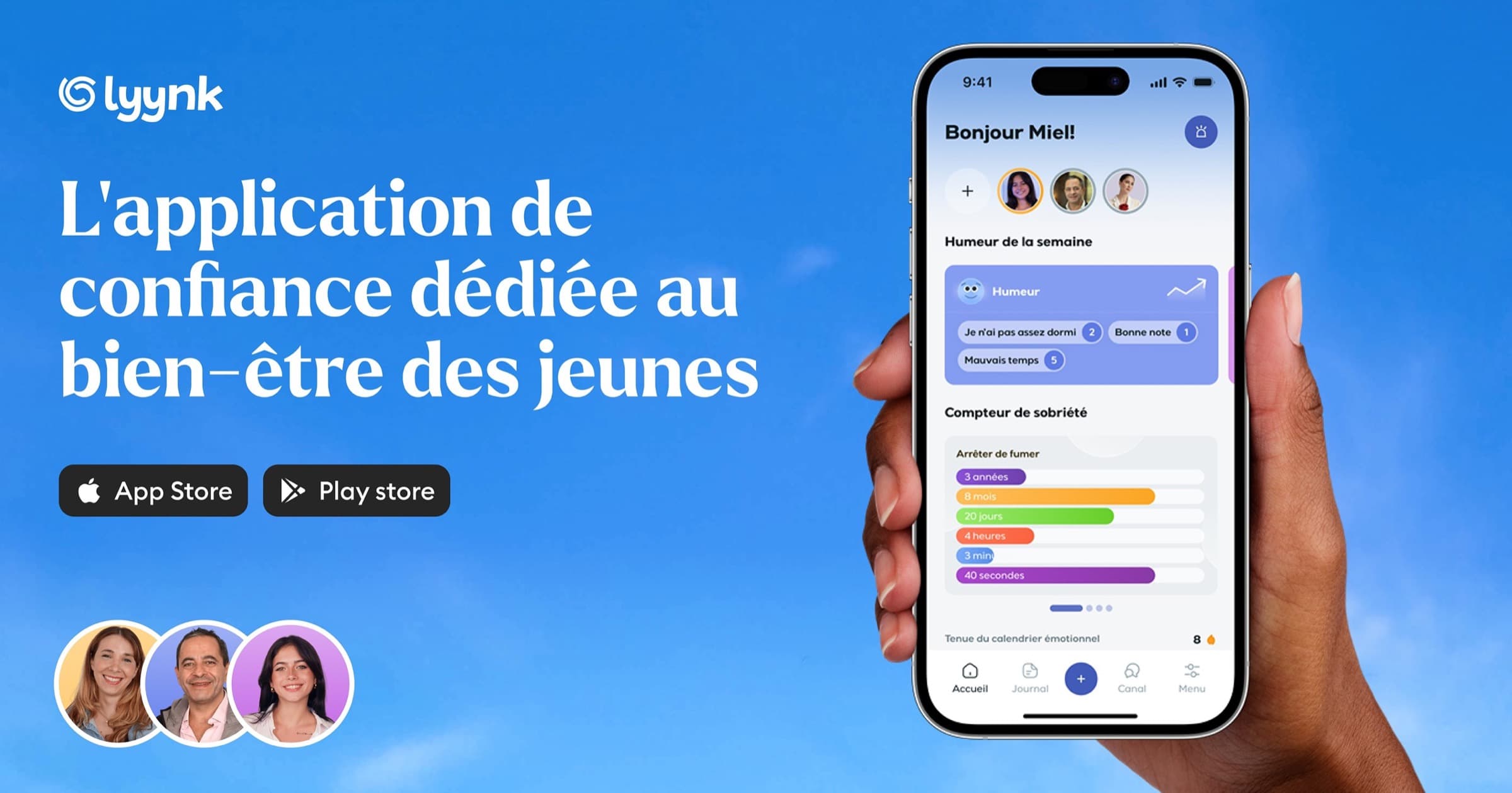Bannière Lyynk : le logotype, la promesse « L'application de confiance dédiée au bien-être des jeunes », les badges App Store et Play Store, et une main qui tient l'écran d'accueil de l'application