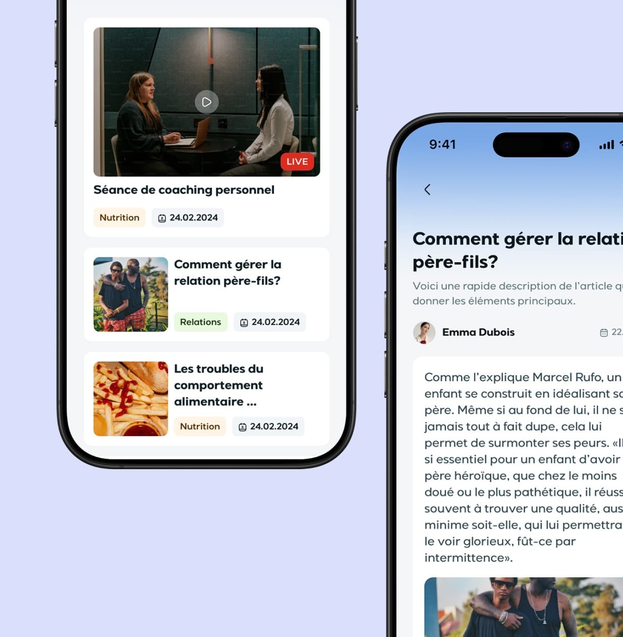 Le journal de Lyynk sur deux écrans : la liste des contenus, dont une séance de coaching en direct, et la lecture d'un article sur la relation père-fils signé Emma Dubois