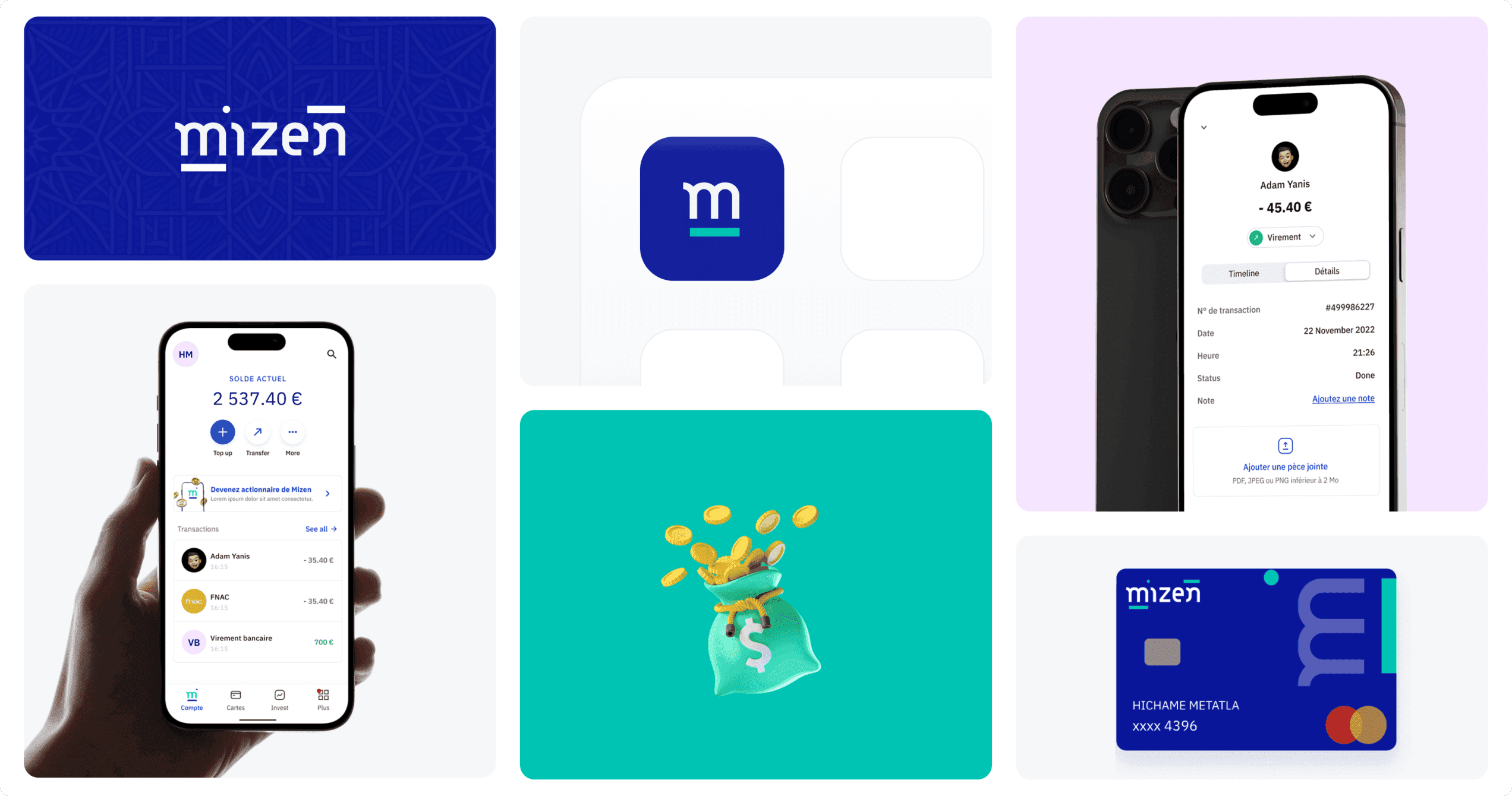 Planche de marque Mizen : le logotype blanc sur fond bleu, l'icône de l'application sur un écran d'accueil, l'app tenue en main, une illustration de sac de pièces sur fond turquoise, le détail d'un virement sur iPhone et une carte bancaire Mizen