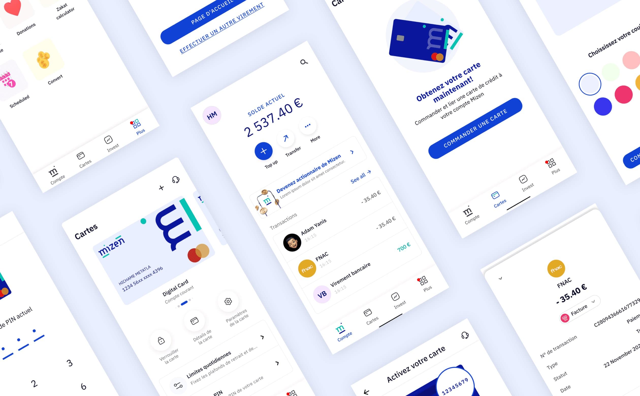Une douzaine d'écrans de l'application Mizen en perspective sur fond clair : le solde du compte et ses transactions, la carte bancaire au nom du titulaire, la commande d'une carte et le détail d'un paiement