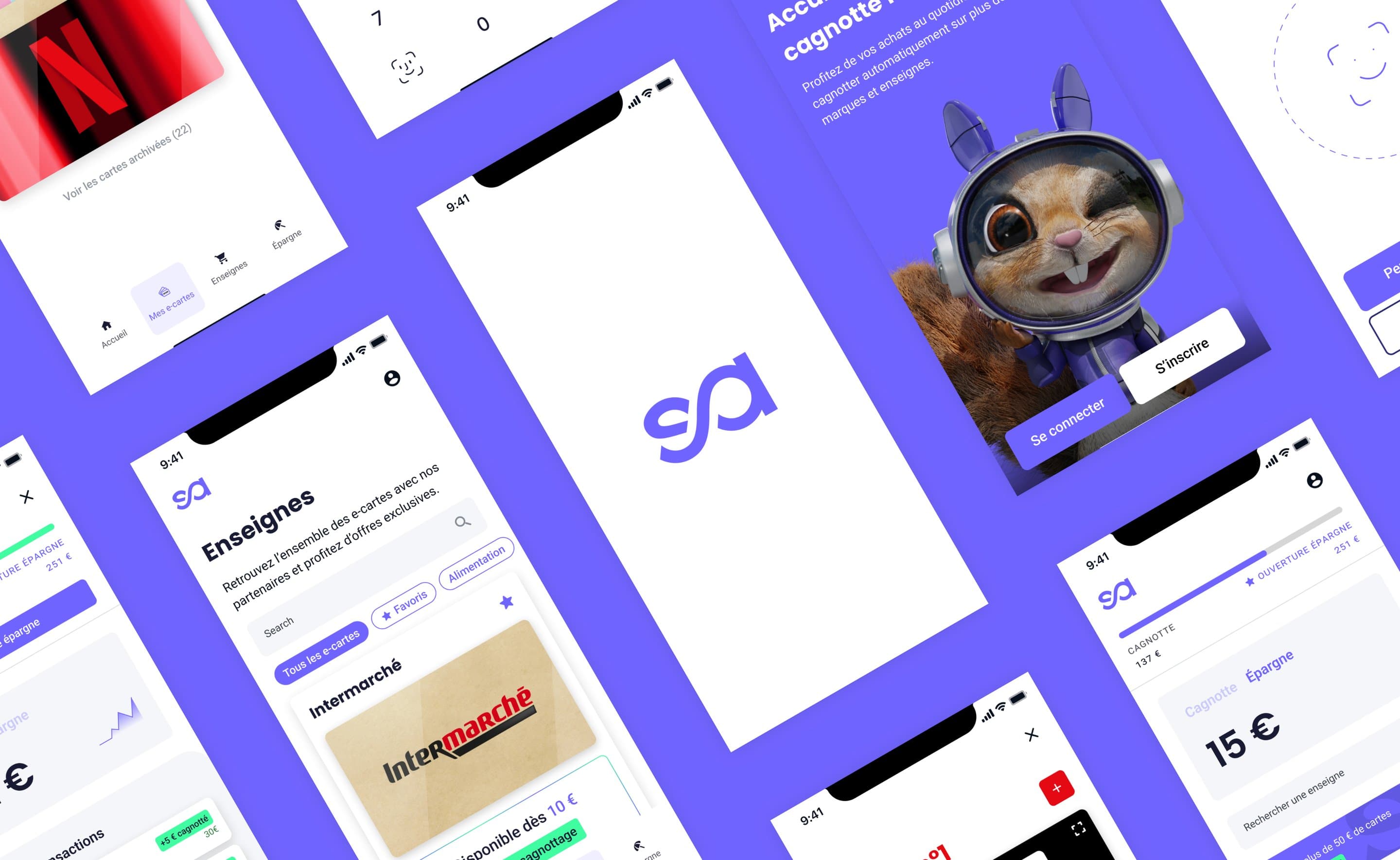 Une dizaine d'écrans de l'application Salva en perspective sur fond violet : e-cartes d'enseignes, écran de connexion avec la mascotte, enseignes partenaires et cagnotte
