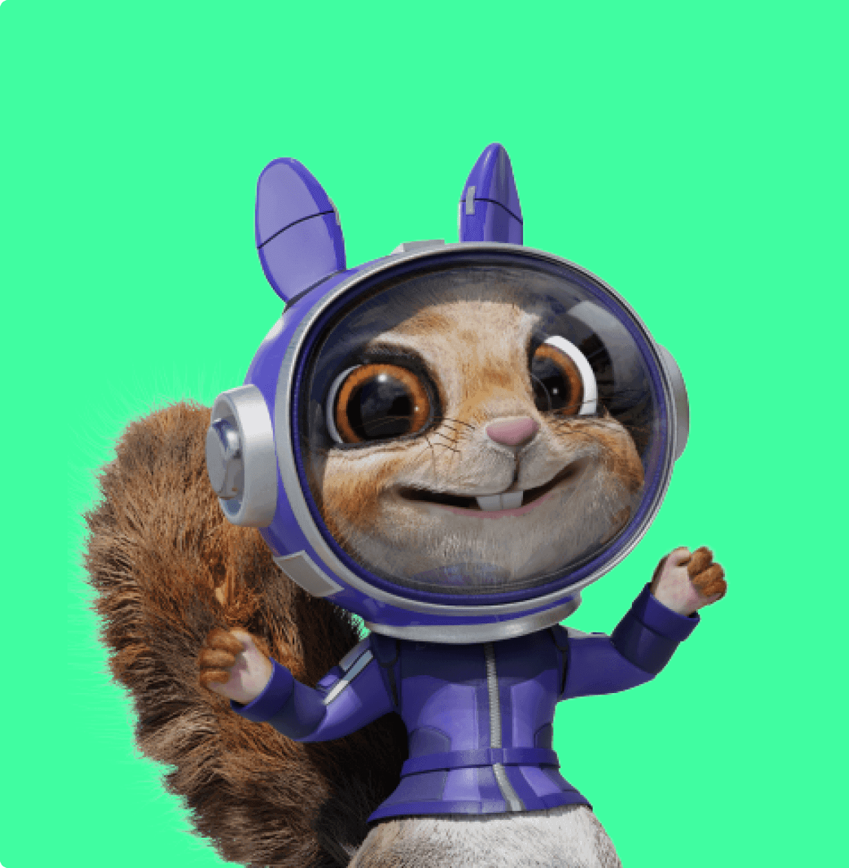 La mascotte de Salva, un écureuil en combinaison spatiale violette et casque de verre, sur fond vert