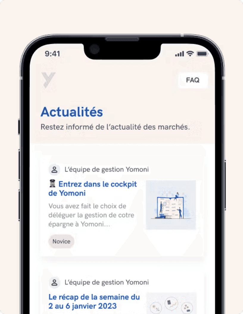 Écran « Actualités » de l'application Yomoni : les articles de l'équipe de gestion sur les marchés, avec leur niveau de lecture